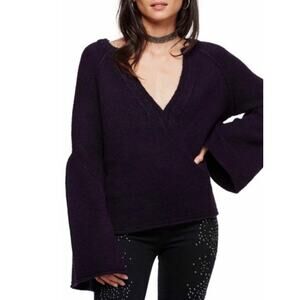 FREE PEOPLE Lovely Lines Bell Sleeve Textured Sweater Dark Purple Deep V Neck XS